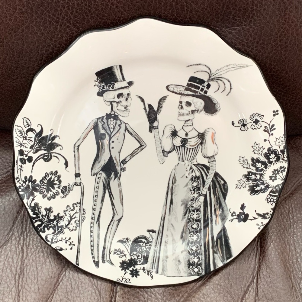 Spooky Night Dapper Skeleton Couple 8.5” Porcelain Halloween Salad Plate